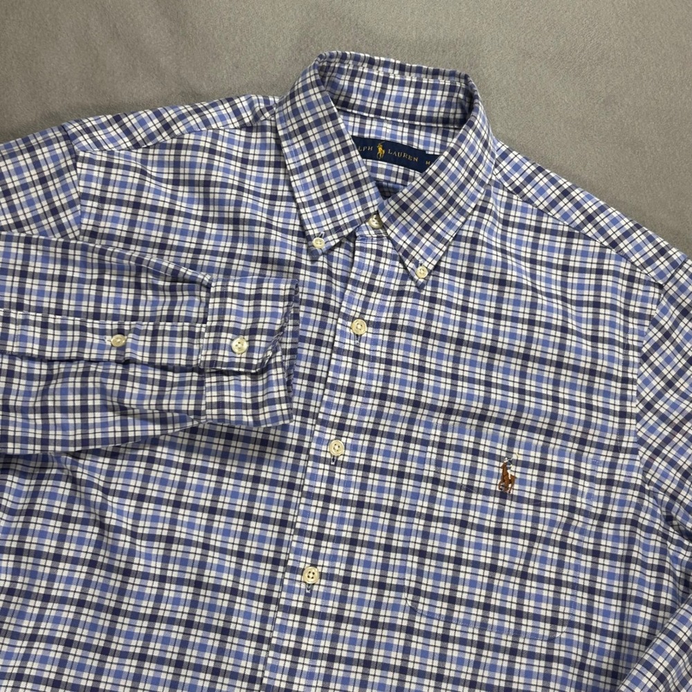 Ralph Lauren Mens Blue White Plaid Cotton Button Down Shirt Long Sleeve Size M